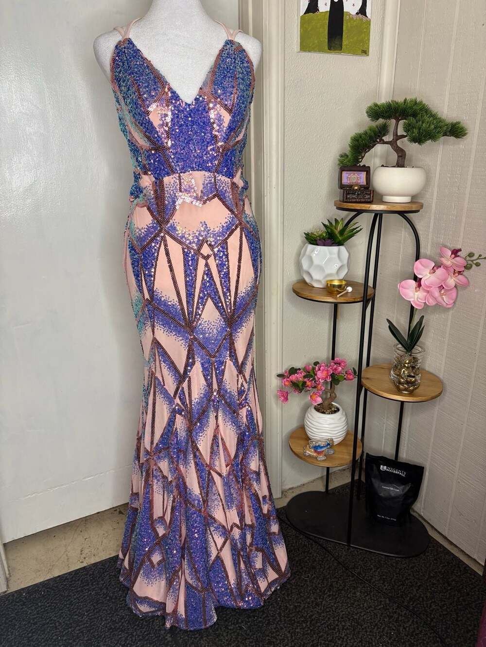 Y2K Morgan & Co. Geometric Sequin Crisscross Back Prom Gown
